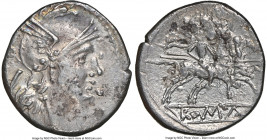 Anonymous (ca. 211 BC or later). AR quinarius (15mm, 1.86 gm, 11h). NGC Choice XF 4/5 - 2/5. Rome. Head of Roma right, wearing winged Attic helmet wit...