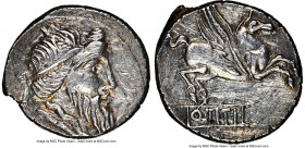 Q. Titius (90 BC). AR denarius (17mm, 3.96 gm, 5h). NGC Choice XF 4/5 - 1/5, scratches. Rome. Head of male right, hair bound with winged diadem / Q•TI...