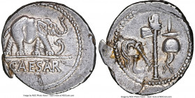 Julius Caesar, as Dictator (49-44 BC). AR denarius (20mm, 3.85 gm, 8h). NGC Choice XF 4/5 - 4/5, flan flaw. Military mint traveling with Caesar in nor...
