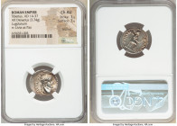 Tiberius (AD 14-37). AR denarius (20mm, 3.74 gm, 7h). NGC Choice AU 3/5 - 3/5, brushed Lugdunum, ca. AD 15-18. TI CAESAR DIVI-AVG F AVGVSTVS, laureate...