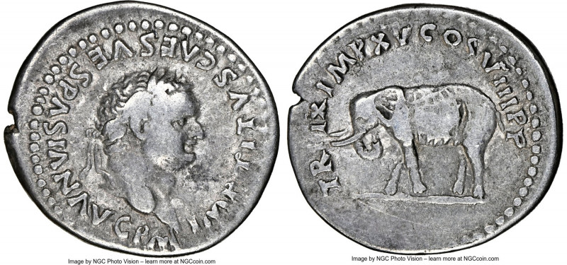 Titus (AD 79-81). AR denarius (19mm, 6h). NGC VF. Rome, January-June AD 80. IMP ...