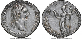 Domitian, as Augustus (AD 81-96). AR denarius (19mm, 3.37 gm, 6h). NGC Choice XF 5/5 - 3/5. Rome, AD 84/85. IMP CAES DOMIT AVG GERM P M TR P V, laurea...