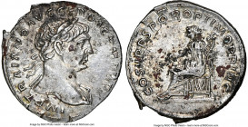 Trajan (AD 98-117). AR denarius (19mm, 3.46 gm, 7h). NGC Choice AU 5/5 - 2/5. Rome, AD 103-111. IMP TRAIANO AVG GER DAC P M TR P, laureate head of Tra...