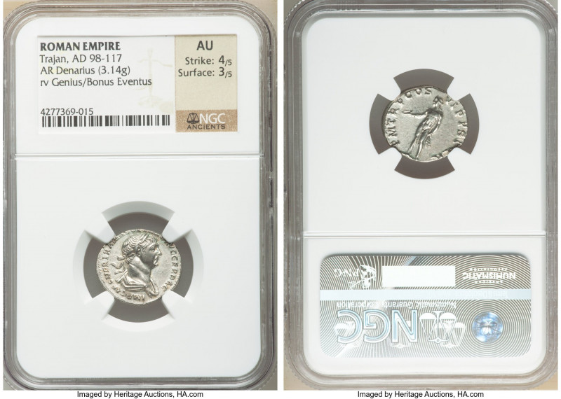 Trajan (AD 98-117). AR denarius (18mm, 3.14 gm, 7h). NGC AU 4/5 - 3/5. Rome, AD ...