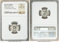 Trajan (AD 98-117). AR denarius (18mm, 3.14 gm, 7h). NGC AU 4/5 - 3/5. Rome, AD 114-117. IMP CAES NER TRAINO OPTIMO AVG GER DAC, laureate, draped bust...