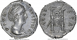 Diva Faustina Senior (AD 138-140/1). AR denarius (18mm, 3.04 gm, 5h). NGC AU 5/5 - 4/5. Rome, after AD 141. DIVA-FAVSTINA, draped bust of Diva Faustin...