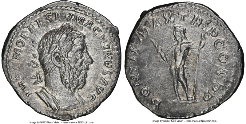 Macrinus (AD 217-218). AR denarius (20mm, 2.87 gm, 11h). NGC Choice AU 5/5 - 1/5...