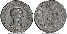 Diadumenian, as Caesar (AD 218). AR denarius (19mm, 6h). NGC Choice XF. Rome, AD 217. M OPEL ANT DIADVMENIAN CAES, bare headed, draped bust of Diadume...