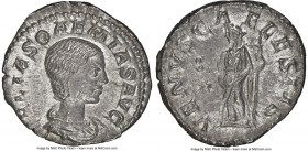 Julia Soaemias (AD 218-222). AR denarius (18mm, 2.50 gm, 6h). NGC Choice AU 5/5 - 3/5. Rome. IVLIA SOAEMIAS, draped bust of Julia Soaemias right, seen...