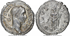 Severus Alexander (AD 222-235). AR denarius (20mm, 2.83 gm, 12h). NGC AU 4/5 - 4/5. Rome, AD 228-231. IMP SEV ALEXAND AVG, laureate head of Severus Al...