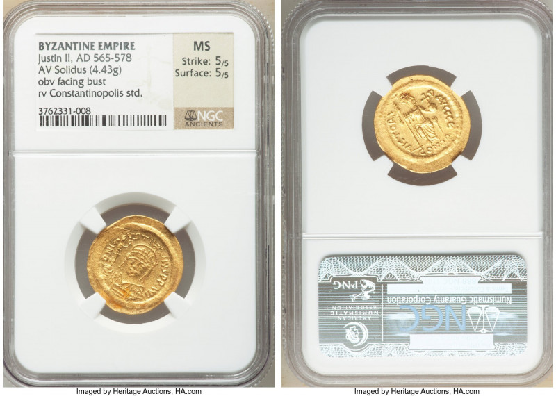 Justin II (AD 565-578). AV solidus (21mm, 4.43 gm, 6h). NGC MS 5/5 - 5/5. Consta...