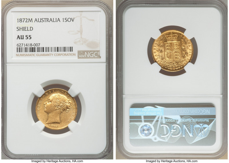 Victoria gold "Shield" Sovereign 1872-M AU55 NGC, Melbourne mint, KM6. AGW 0.235...