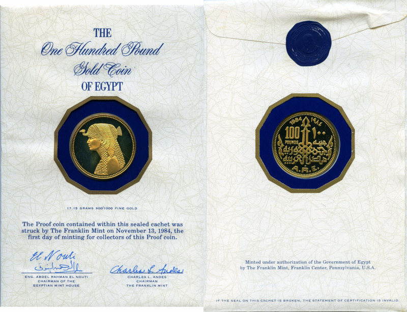 Republic gold Proof 100 Pounds AH 1404 (1984), Franklin mint, KM562. Comes in is...