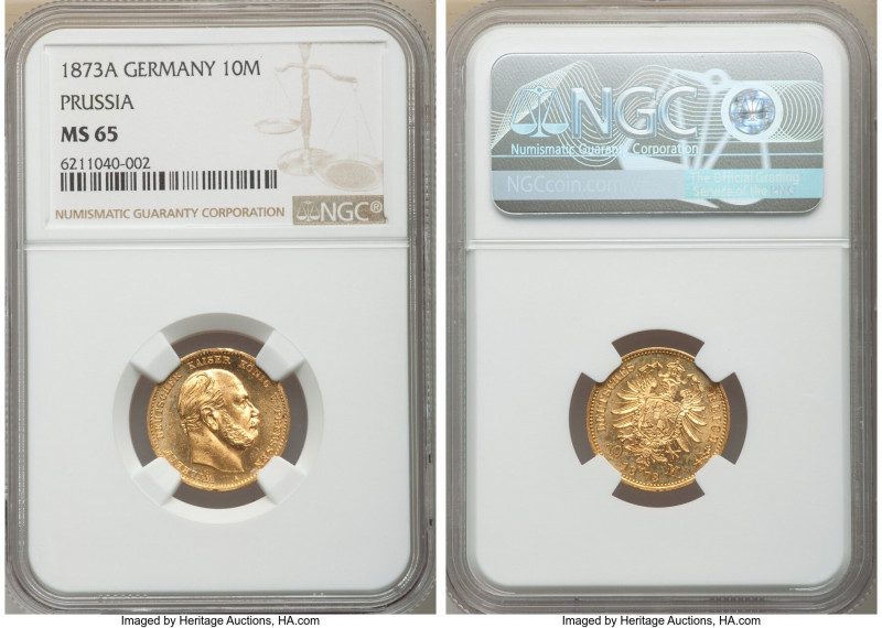 Prussia. Wilhelm I gold 10 Mark 1873-A MS65 NGC, Berlin mint, KM502. Semi-Proofl...