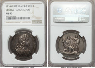 George I silver "Coronation" Medal 1714 AU50 NGC, MI-II-424/9, Eimer-470. By J. Croker. Britannia is placing the crown on the head of the seated Georg...