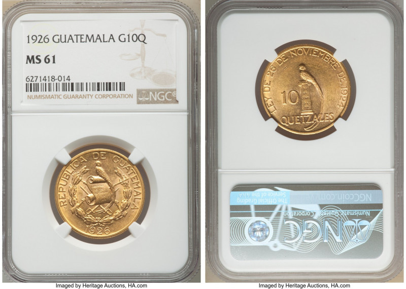 Republic gold 10 Quetzales 1926-(P) MS61 NGC, Philadelphia mint, KM245, Fr-49. M...