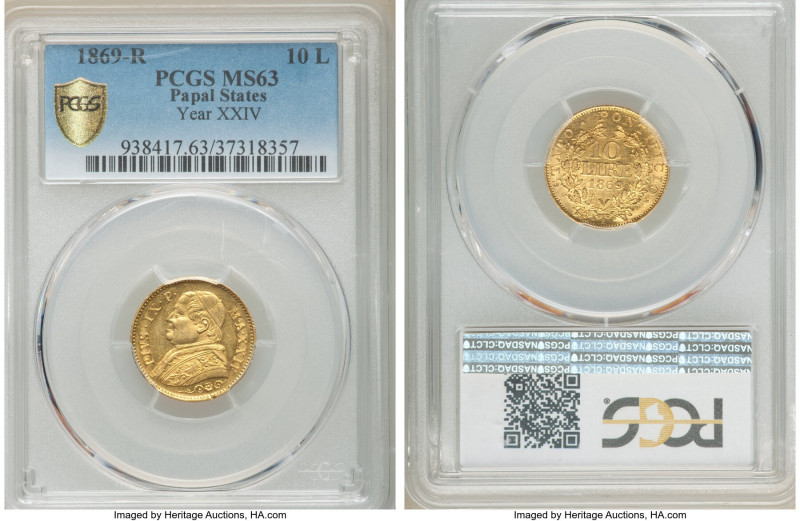 Papal States. Pius IX gold 10 Lire Anno XXIV (1869)-R MS63 PCGS, Rome mint, KM13...