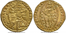Venice. Michael Steno gold Ducat ND (1400-1413) UNC Details (Bent) NGC, Fr-1230. MIChAЄL • STЄN' | • S | • M | • V | Є | N | Є | T | I, Doge kneeling ...