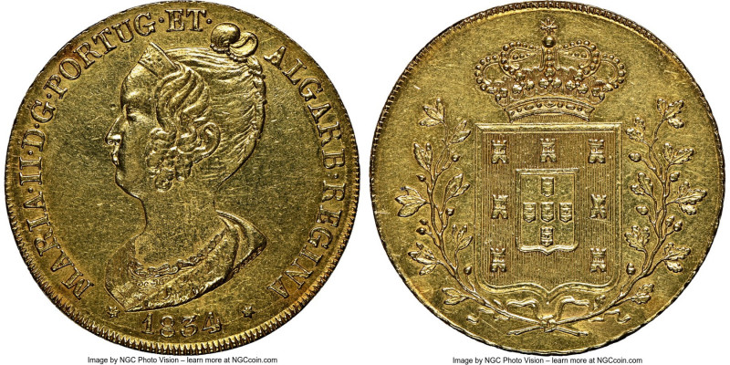 Maria II gold 6400 Reis (Peça) 1834 AU Details (Removed From Jewelry) NGC, Lisbo...