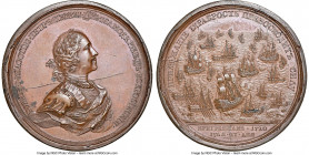 Peter I bronze "Battle of Grengham" Medal 1720-Dated MS62 Brown NGC, Diakov-56.8. 56mm. By M. Kuchkin & T. Iwanoff. Bust Peter the Great right / Captu...