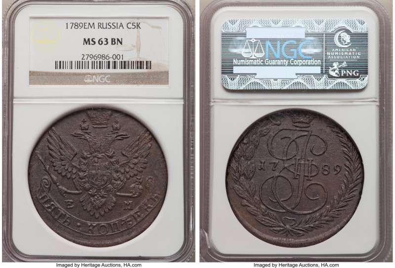 Catherine II 5 Kopecks 1789-EM MS63 Brown NGC, Ekaterinburg mint, KM-C59.3. Supe...