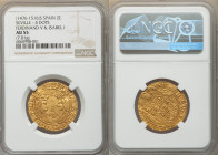 Ferdinand & Isabella gold 2 Escudos ND (1476-1516)-S AU55 NGC, Seville mint, Fr-129, Cay-721. 7.01gm. S surrounded by four pellets, bold portraits. 
...