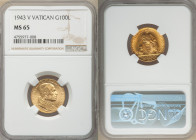 Pius XII gold 100 Lire Anno V (1943) MS65 NGC, KM39. Mintage: 1,000. Gem satin surface with butter-gold and orange toned. 

HID09801242017

© 2020...