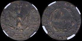 GREECE: 5 Lepta (1831) in copper with phoenix. Variety "372-A.b" by Peter Chase. Medal alignment. Inside slab by NGC "AU DETAILS / CHASE 372-A.b / ENV...