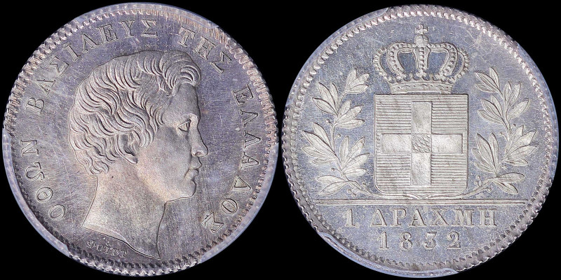 GREECE: 1 Drachma (1832) (type I) in silver with head of King Otto facing right ...