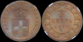 GREECE: 5 Lepta (1833) (type I) in copper with Royal Coat of Arms and inscription "ΒΑΣΙΛΕΙΑ ΤΗΣ ΕΛΛΑΔΟΣ". Inside slab by NGC "MS 64 RB". Cert number: ...