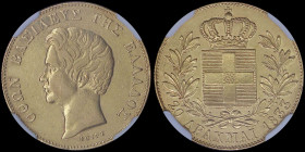 GREECE: 20 Drachmas (1833) in gold (0,900) with head of King Otto facing left and inscription "ΟΘΩΝ ΒΑΣΙΛΕΥΣ ΤΗΣ ΕΛΛΑΔΟΣ". Inside slab by NGC "AU 50"....
