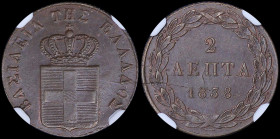GREECE: 2 Lepta (1838) (type I) in copper with Royal Coat of Arms and inscription "ΒΑΣΙΛΕΙΑ ΤΗΣ ΕΛΛΑΔΟΣ". Inside slab by NGC "MS 63 BN". Cert number: ...