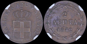 GREECE: 2 Lepta (1842) (type I) in copper with Royal Coat of Arms and inscription "ΒΑΣΙΛΕΙΑ ΤΗΣ ΕΛΛΑΔΟΣ". Inside slab by NGC "AU 58 BN". Cert number: ...