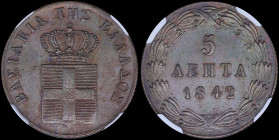 GREECE: 5 Lepta (1842) (type I) in copper with Royal Coat of Arms and inscription "ΒΑΣΙΛΕΙΑ ΤΗΣ ΕΛΛΑΔΟΣ". Inside slab by NGC "UNC DETAILS / CLEANED". ...