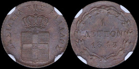 GREECE: 1 Lepton (1843) (type I) in copper with Royal Coat of Arms and inscription "ΒΑΣΙΛΕΙΑ ΤΗΣ ΕΛΛΑΔΟΣ". Inside slab by NGC "MS 63 BN". Cert number:...