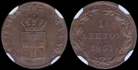 GREECE: 1 Lepton (1851) (type IV) in copper with Royal Coat of Arms and inscription "ΒΑΣΙΛΕΙΟΝ ΤΗΣ ΕΛΛΑΔΟΣ". Inside slab by NGC "AU 58 BN". Cert numbe...