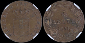 GREECE: 5 Lepta (1851) (type IV) in copper with Royal Coat of Arms and inscription "ΒΑΣΙΛΕΙΟΝ ΤΗΣ ΕΛΛΑΔΟΣ". Inside slab by NGC "MS 62 BN". Cert number...