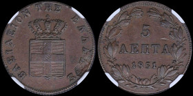 GREECE: 5 Lepta (1851) (type IV) in copper with Royal Coat of Arms and inscription "ΒΑΣΙΛΕΙΟΝ ΤΗΣ ΕΛΛΑΔΟΣ". Inside slab by NGC "AU 55 BN". Cert number...