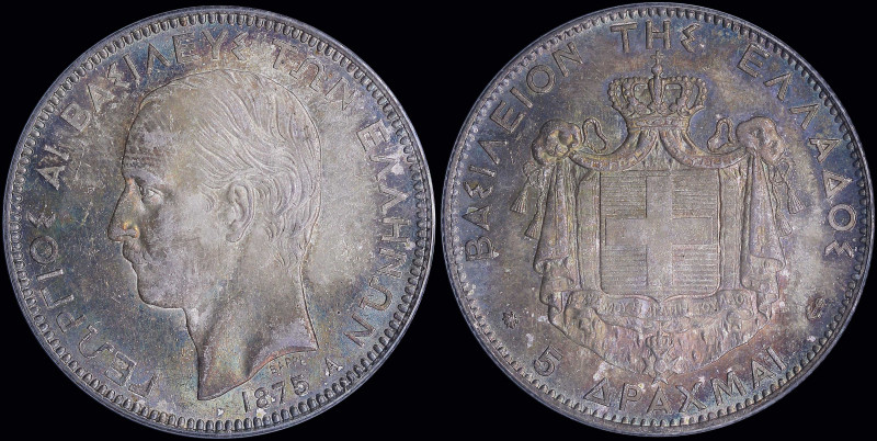 GREECE: 5 Drachmas (1875 A) (type I) in silver with mature head of King George I...
