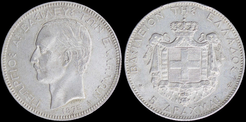 GREECE: 5 Drachmas (1875 A) (type I) in silver with head of King George I facing...