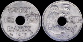 GREECE: 5 Lepta (1912) (type IV) in nickel with Royal Crown and inscription "ΒΑΣΙΛΕΙΟΝ ΤΗΣ ΕΛΛΑΔΟΣ". Owl on amphoreus on reverse. Inside slab by NGC "...