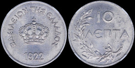 GREECE: 10 Lepta (1922) in aluminium with Royal Crown and inscription "ΒΑΣΙΛΕΙΟΝ ΤΗΣ ΕΛΛΑΔΟΣ". Inside slab by NGC "MS 65 / Thin planchet (1.52g)". Cer...