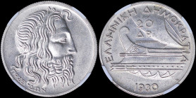 GREECE: 20 Drachmas (1930) in silver (0,500) with head of God Poseidon facing right. Inside slab by NGC "MS 62". Cert number: 5779909-043. (Hellas 179...