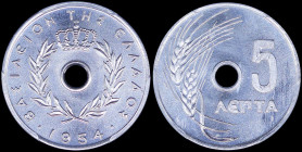 GREECE: 5 Lepta (1954) in aluminum with Royal Crown and inscription "ΒΑΣΙΛΕΙΟΝ ΤΗΣ ΕΛΛΑΔΟΣ". Inside slab by PCGS "MS 67". Cert number: 41422016. (Hell...