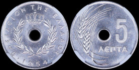 GREECE: 5 Lepta (1954) in aluminum with Royal Crown and inscription "ΒΑΣΙΛΕΙΟΝ ΤΗΣ ΕΛΛΑΔΟΣ". Inside slab by NGC "MS 65". Cert number: 5780346-011. (He...