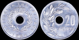 GREECE: 20 Lepta (1954) in aluminium with Royal Crown and inscription "ΒΑΣΙΛΕΙΟΝ ΤΗΣ ΕΛΛΑΔΟΣ". Inside slab by NGC "MS 67". Cert number: 4785465-006. (...