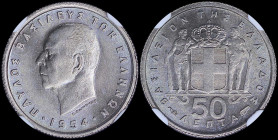 GREECE: 50 Lepta (1954) in copper-nickel with head of King Paul facing left and inscription "ΠΑΥΛΟΣ ΒΑΣΙΛΕΥΣ ΤΩΝ ΕΛΛΗΝΩΝ". Inside slab by NGC "MS 67"....
