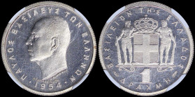 GREECE: Commemorative coin of 1 Drachma (1954) in copper-nickel with head of King Paul facing left and inscription "ΠΑΥΛΟΣ ΒΑΣΙΛΕΥΣ ΤΩΝ ΕΛΛΗΝΩΝ". The ...