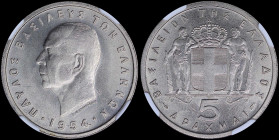 GREECE: 5 Drachmas (1954) in copper-nickel with head of King Paul facing left and inscription "ΠΑΥΛΟΣ ΒΑΣΙΛΕΥΣ ΤΩΝ ΕΛΛΗΝΩΝ". Inside slab by NGC "MS 65...