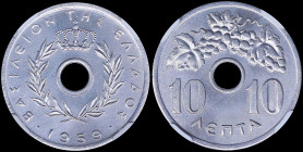 GREECE: 10 Lepta (1959) in aluminum with Royal Crown and inscription "ΒΑΣΙΛΕΙΟΝ ΤΗΣ ΕΛΛΑΔΟΣ". Inside slab by NGC "MS 66+". Cert number: 5779909-008. (...